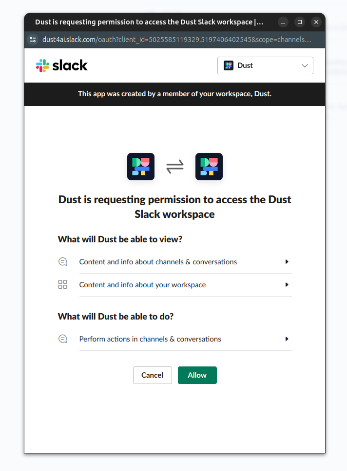 Slack Authorization popup.