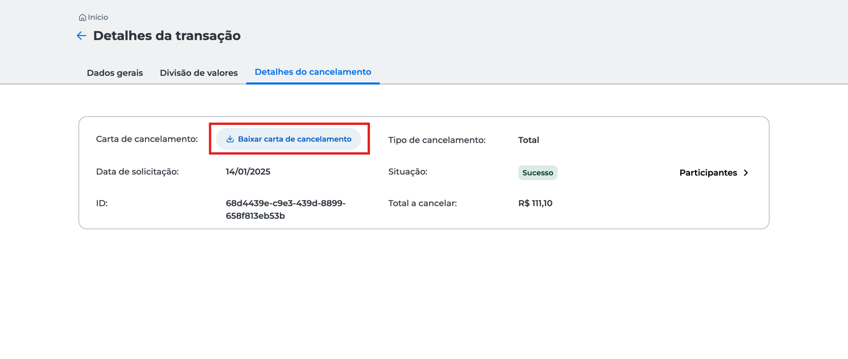 tela para baixar a carta de cancelamento