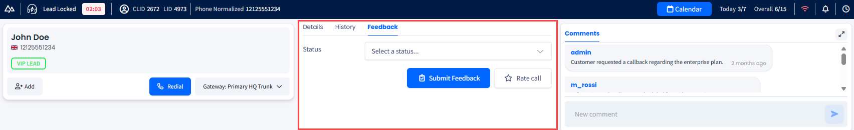 Screenshot with the feedback page