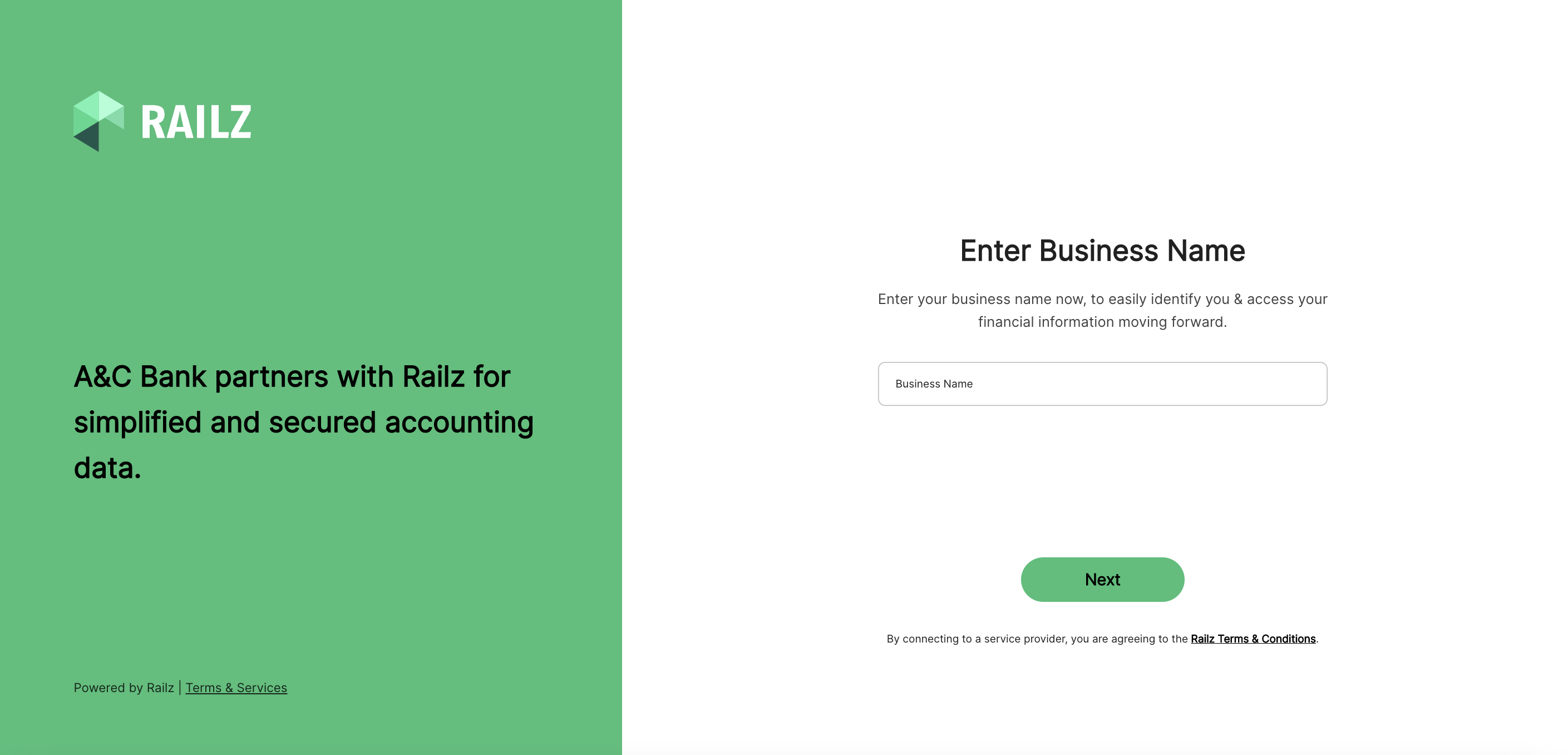 Railz Sites enter the business name page. Click to Expand.