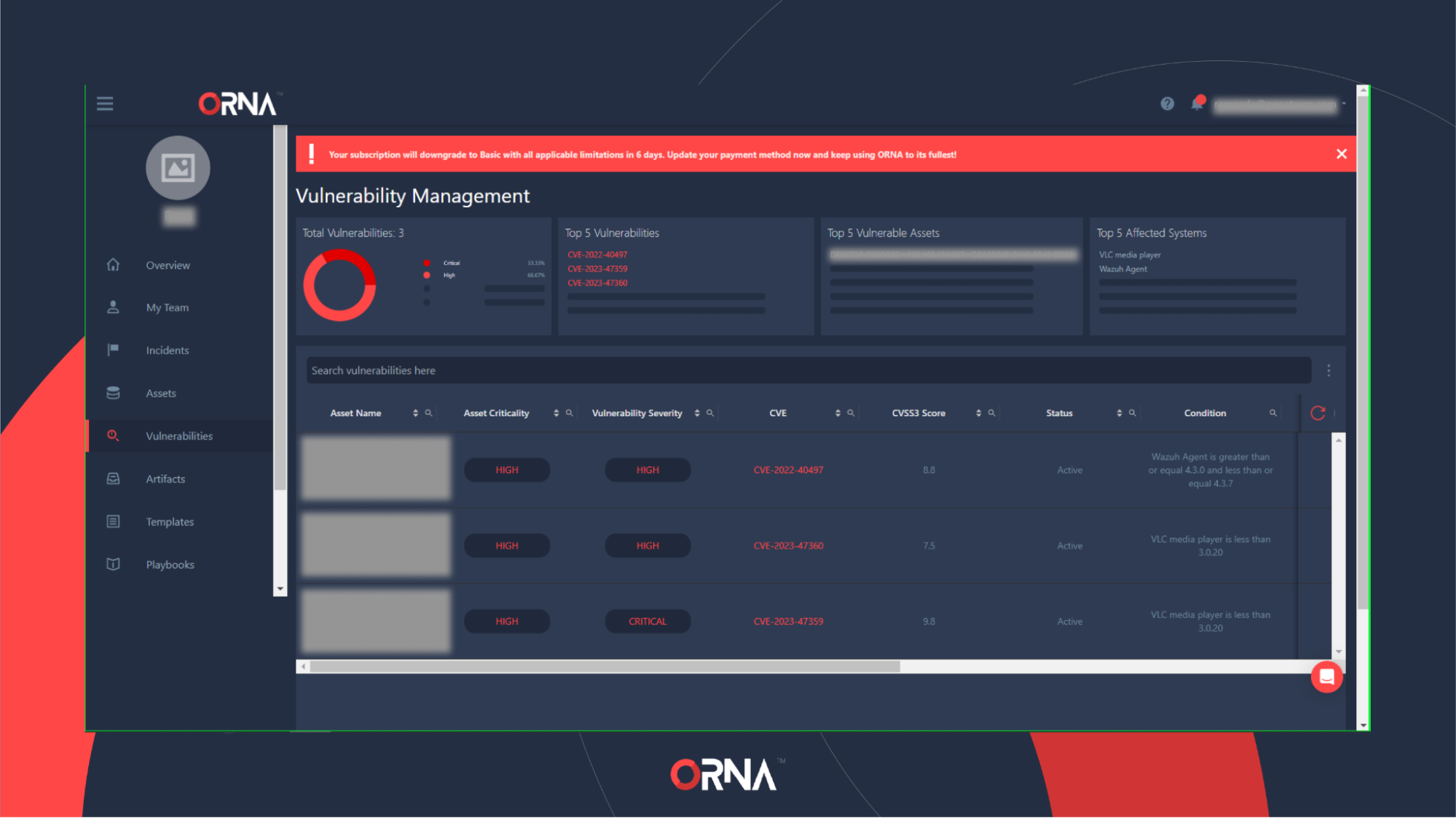 ORNA's Vulnerabilities dashboard (partial)