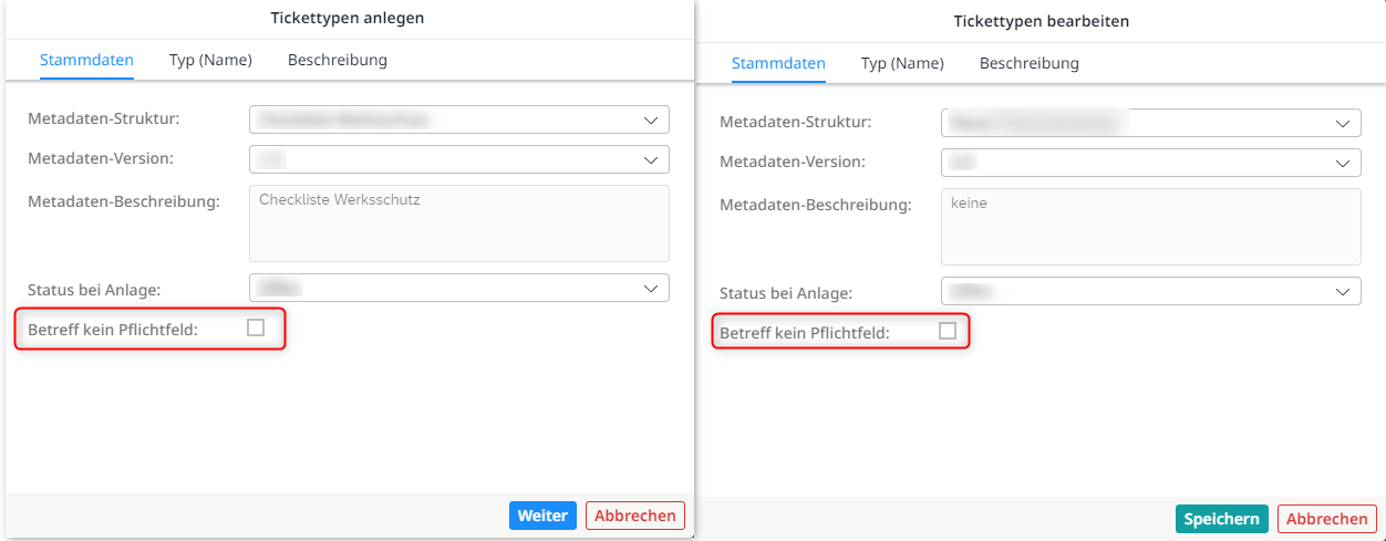 Auswahl, ob der Betreff ein Pflichtfeld ist