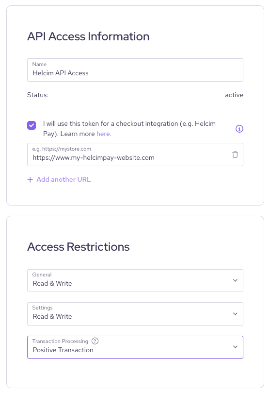 Example API Access Configuration for HelcimPay.js 