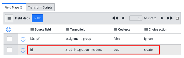 Coalesce = true here means no new record will be created if there is found a preexisting record in the target table with its `x_pd_integration_incident` field equal to the `id` field in the source table (`x_pd_integration_webhook_import`)