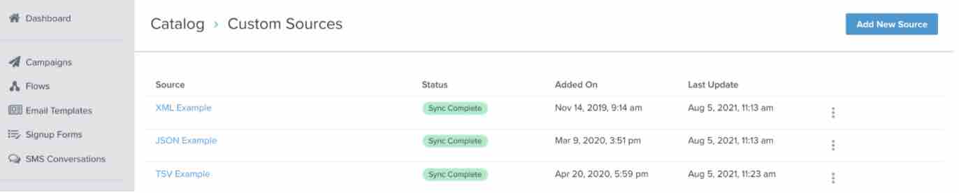 Catalog Custom Sources page in Klaviyo, with list of sources  and a Add New Source button in blue at top right