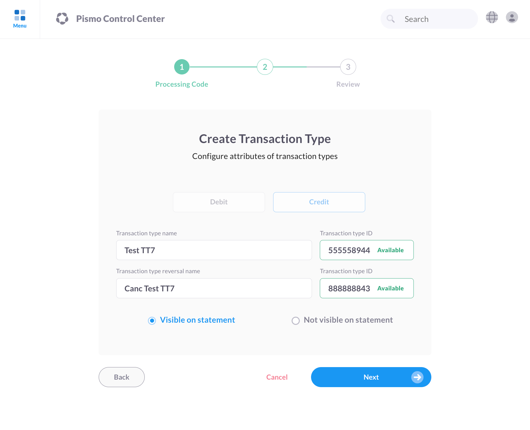 Screen capture of the Create Transaction Type section of the Control Center.