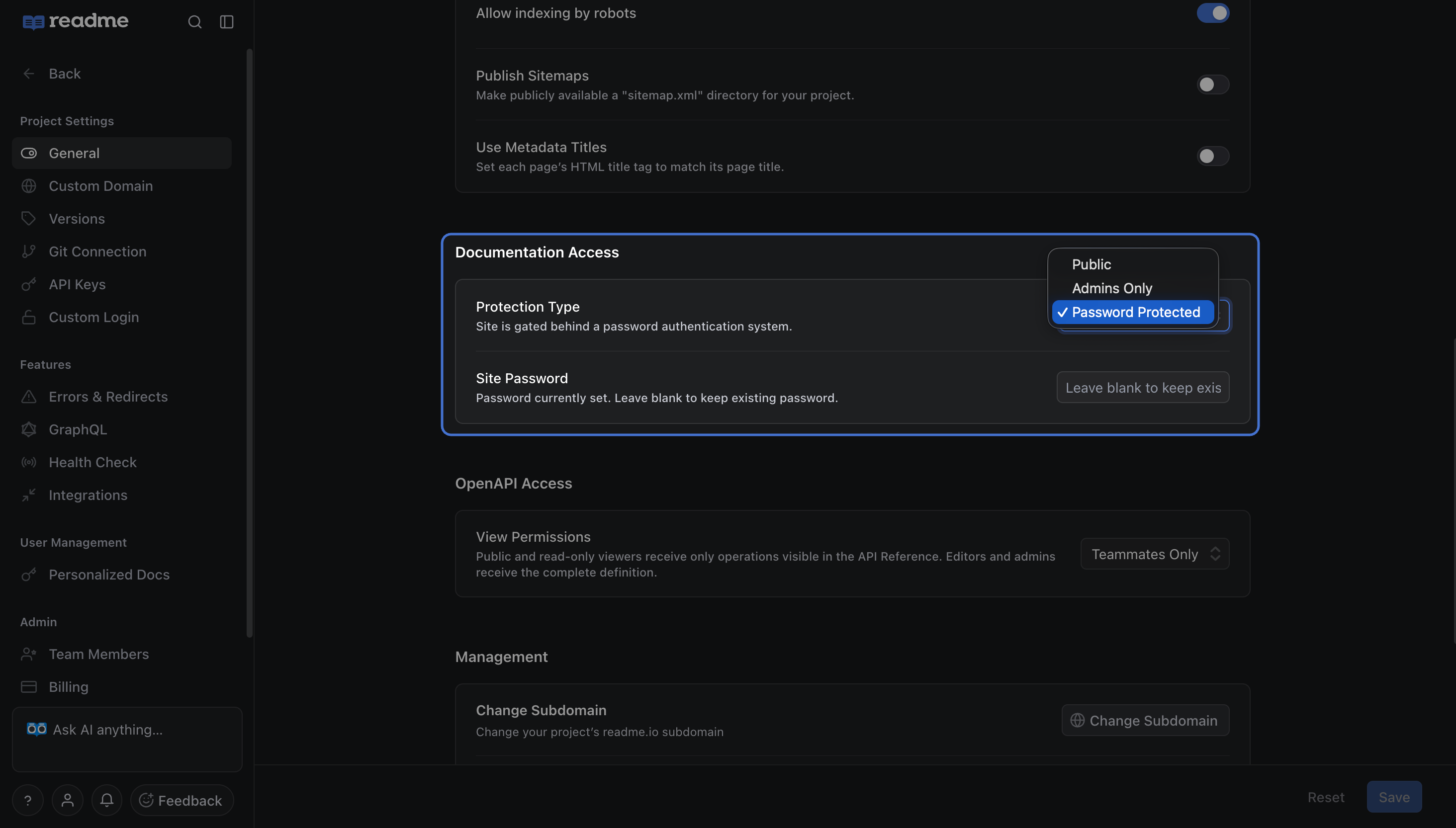 To control who can view your project, go to Settings > General, then set Protection Type to Admins Only under Documentation Access.