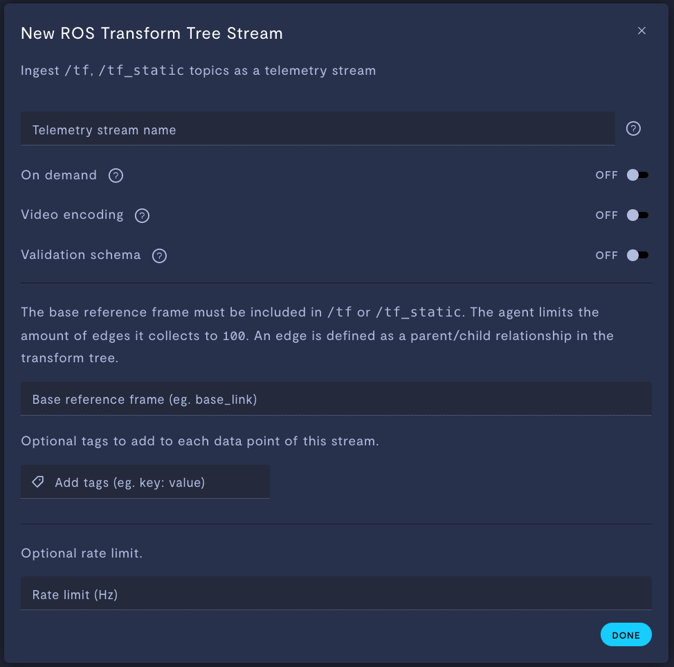 ROS transform tree telemetry stream configuration