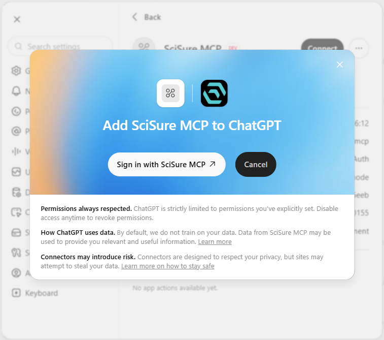ChatGPT prompt to add SciSure MCP and sign in with SciSure MCP