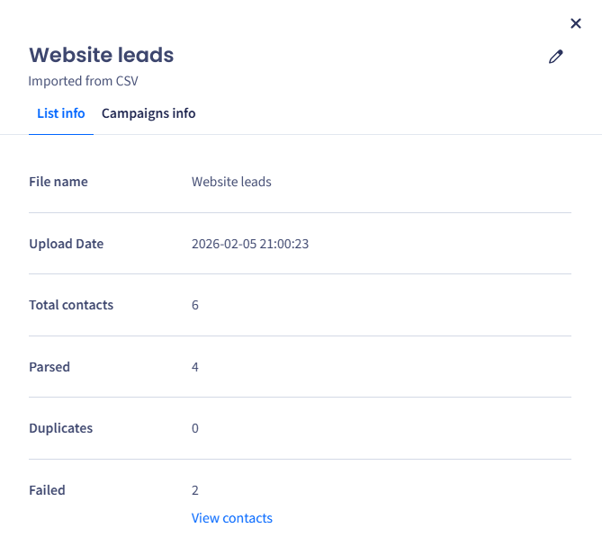 Screenshot of the Actions > List Info tab