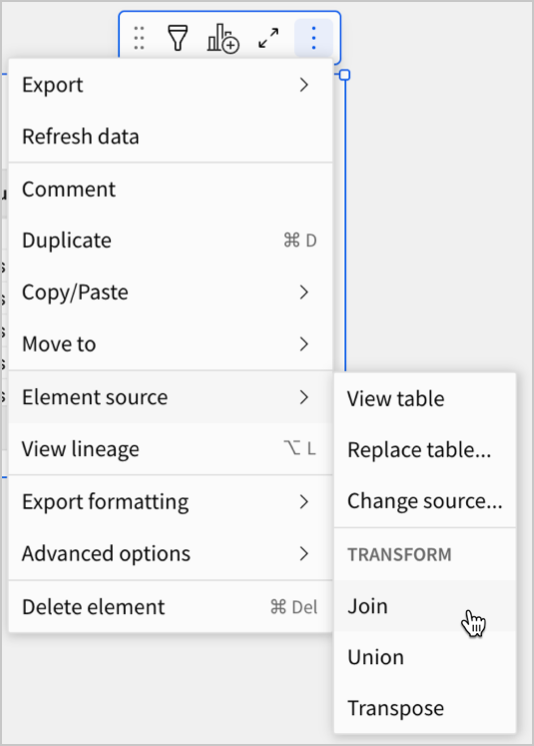 The More menu of the Element toolbar with the cursor currently mousing over the path of Element source > Join (which is under the Transform section of the More menu) in a data model.