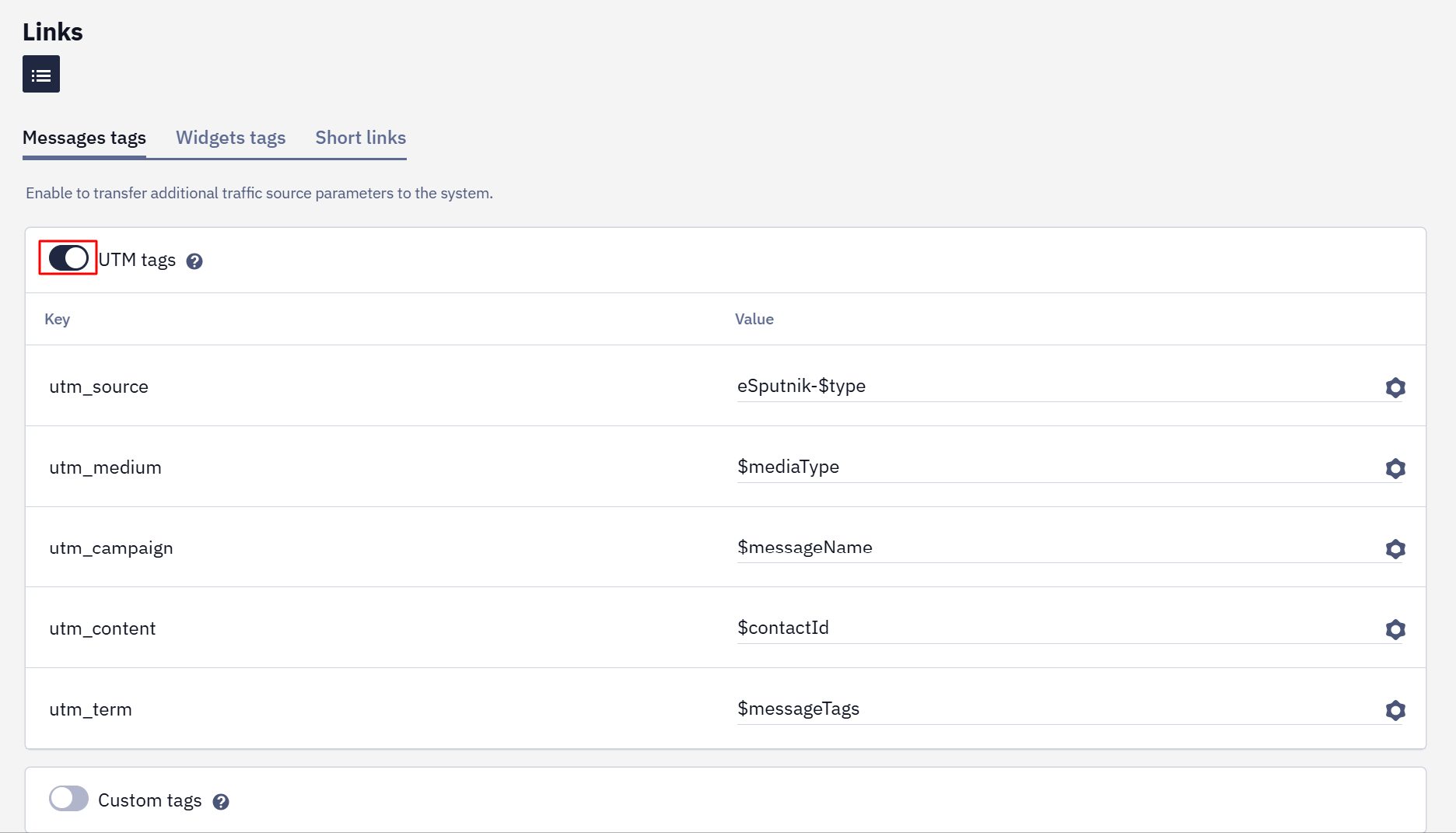 UTM tags slider activated in account settings