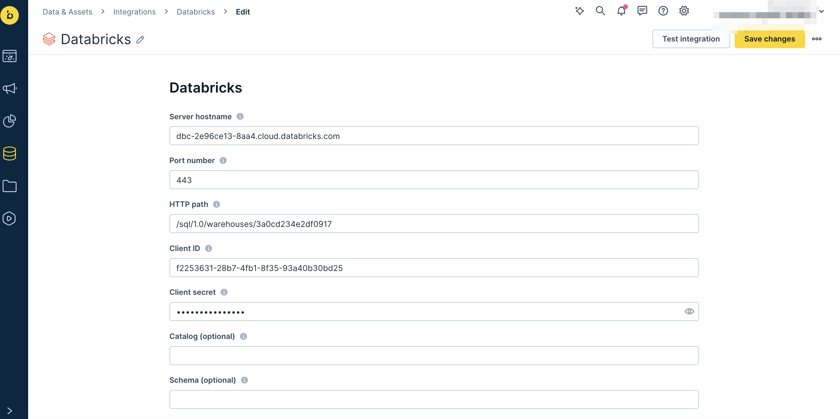 Databricks integration configuration form showing server hostname, port number, HTTP path, client ID, client secret, catalog, and schema fields