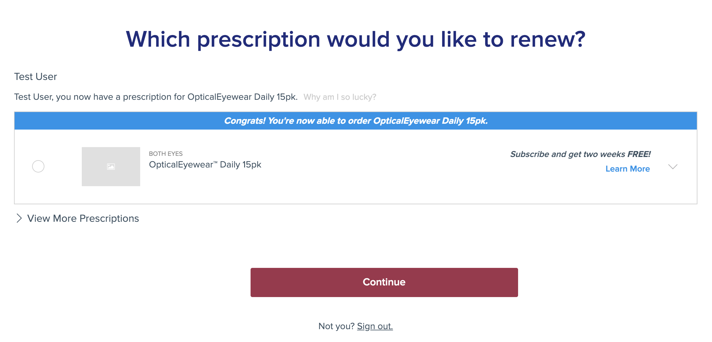 Ex. Preexisting User Prescription Selection Page