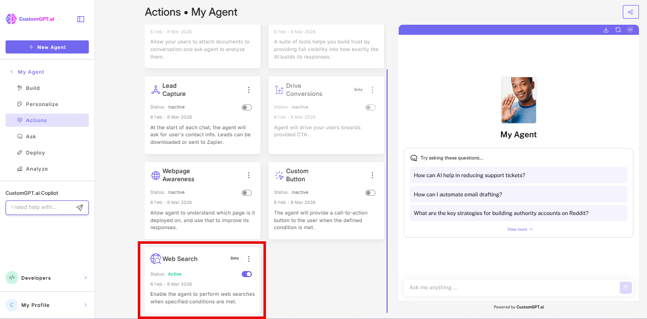 Screenshot: Web Search action card showing active