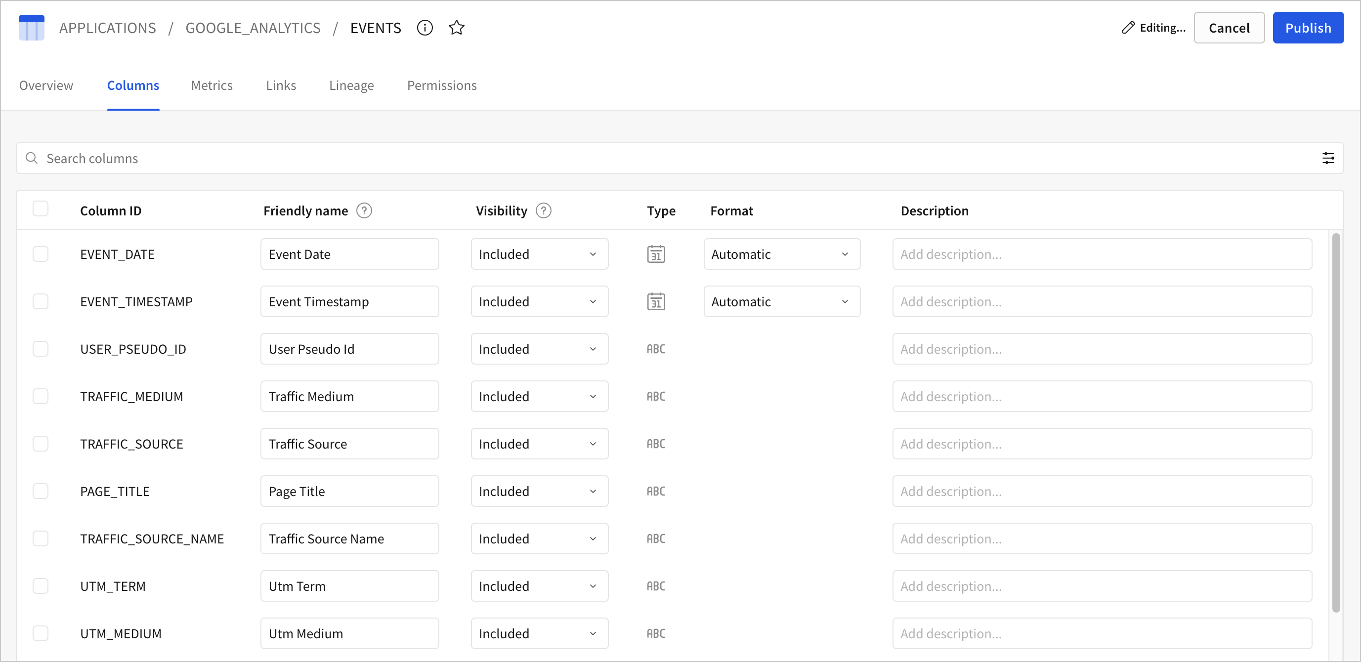 Events table with the Columns tab open and the column name, friendly name, visibility type, format, and description columns shown.