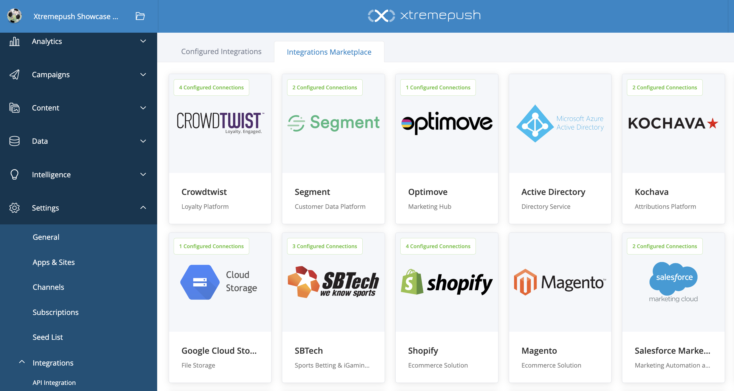  Bonus Engine integrations are initialised per project via the Integration marketplace. Active connections are highlighted.