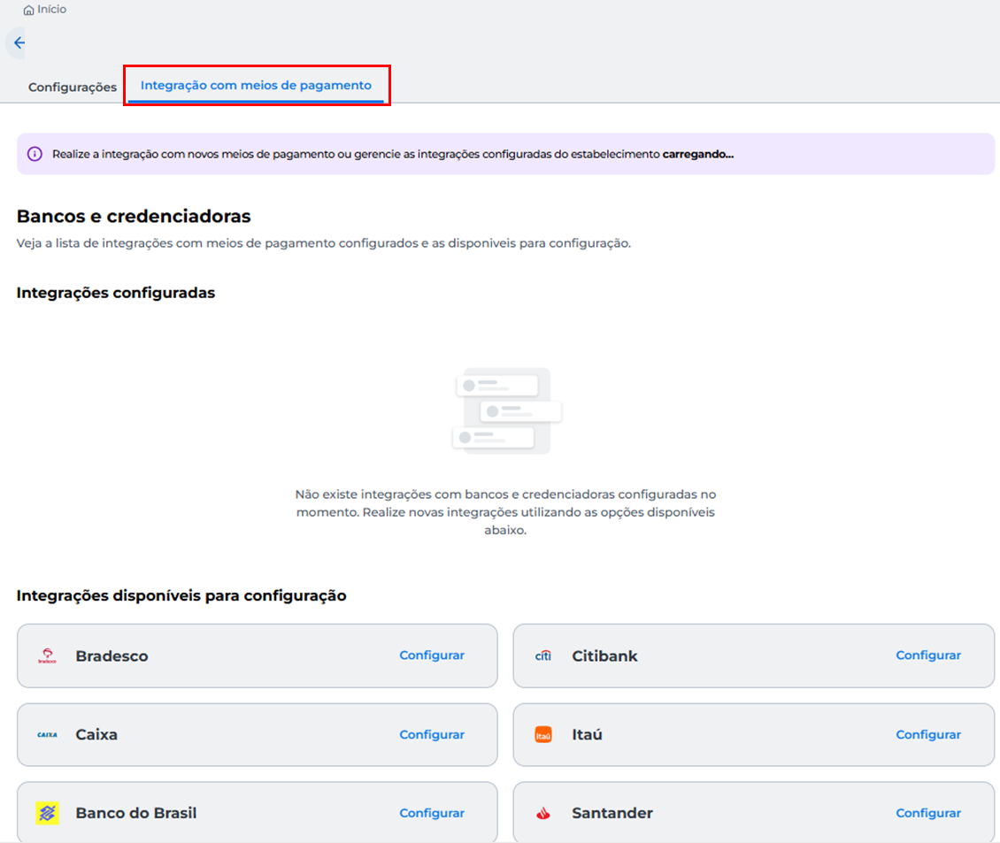 Tela de configurações mostrando a seção “Integração com meios de pagamento” e a lista de bancos disponíveis para configurar.