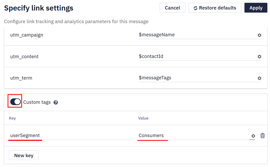 UTM tag values entered for a specific email message