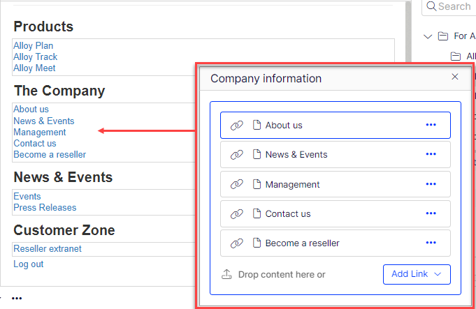 Screenshot of a link collection property in the CMS edit view where editors manage a list of links