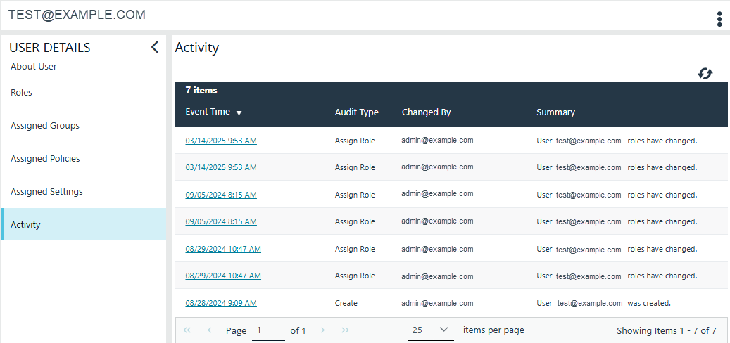 User details activity tab