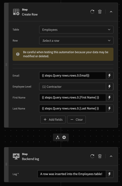 An automation that logs a message when an 'Employees' table row is created