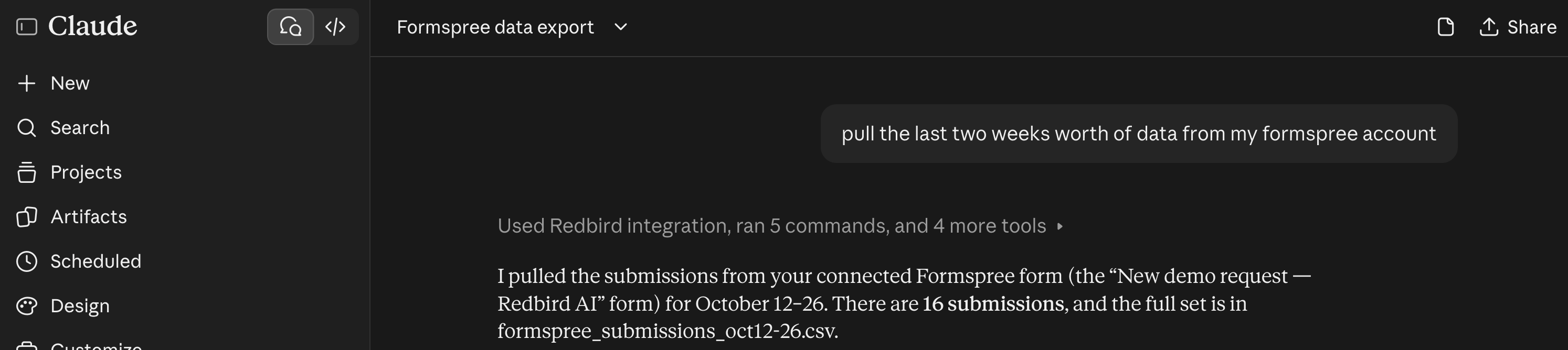Placeholder: the assistant running a data request through a Redbird connection and reporting the result