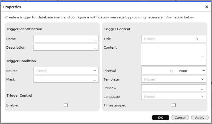 NotificationTrigger settings shown in dialog window. Provides possibility to add and edit.