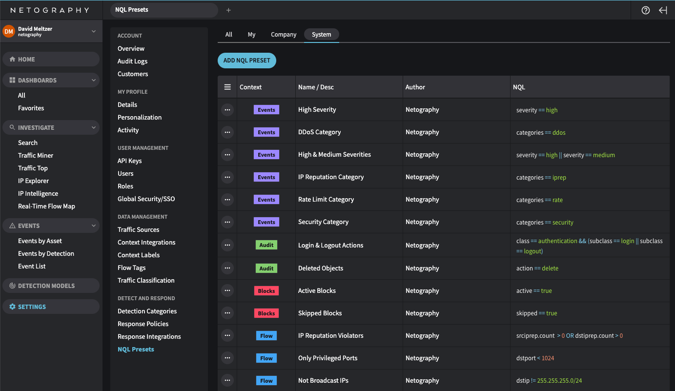 **Settings > Detect & Respond > NQL Presets page**