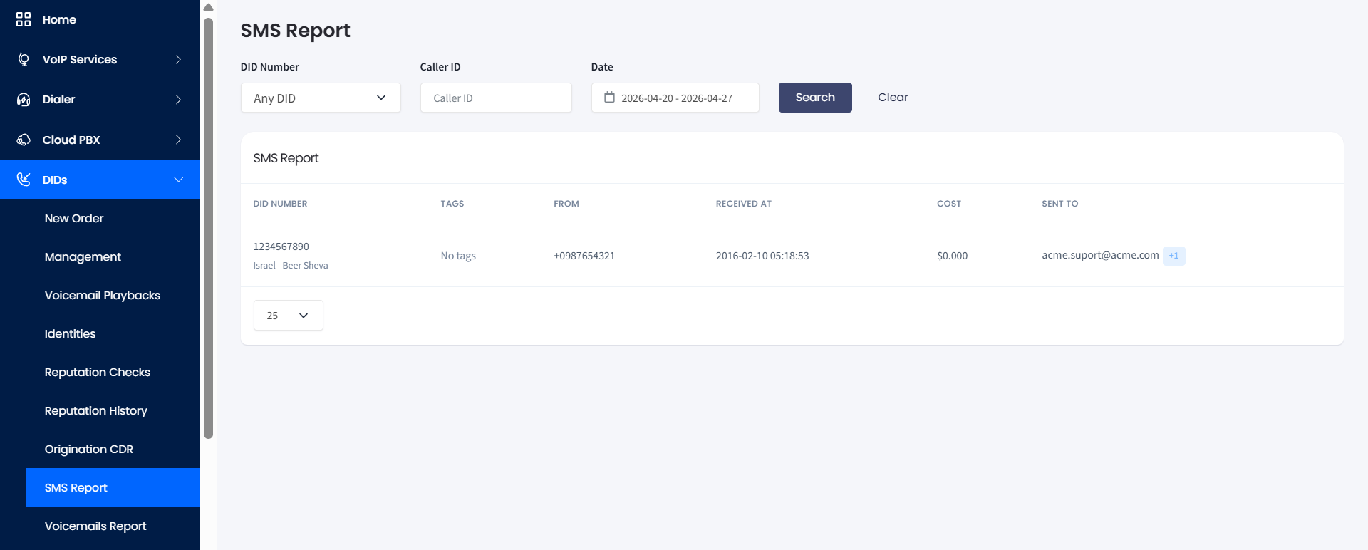 Screenshot with the SMS Report page