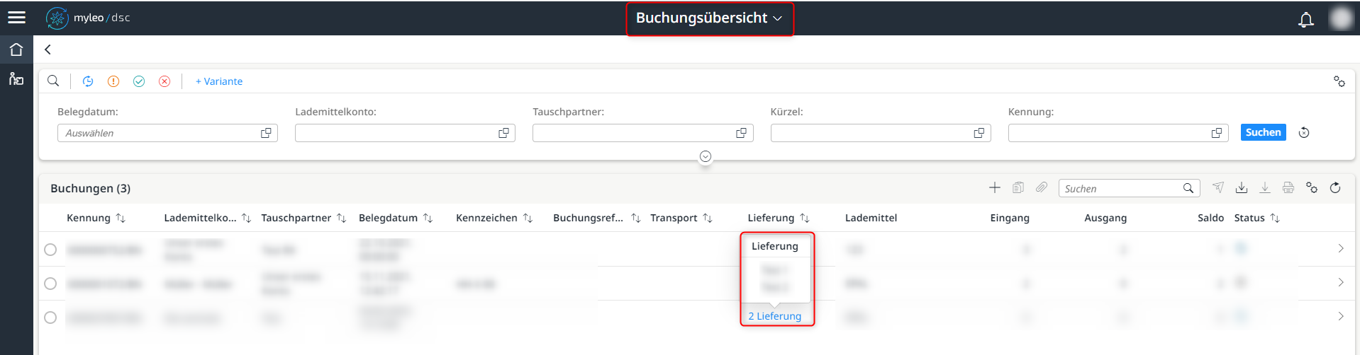 Anzeige der Lieferungen innerhalb eines Popups