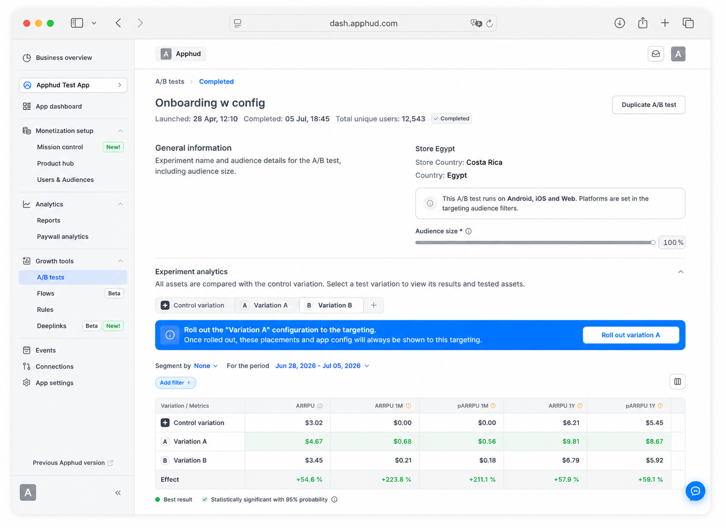 Apphud - Rollout the vinning variation of a test to be used on a regular basis