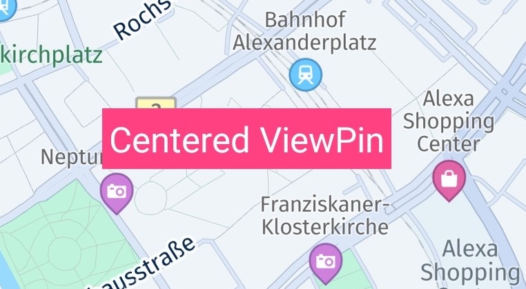 Screenshot: A map pin showing an Android TextView. By default, the view is centered on the provided location.