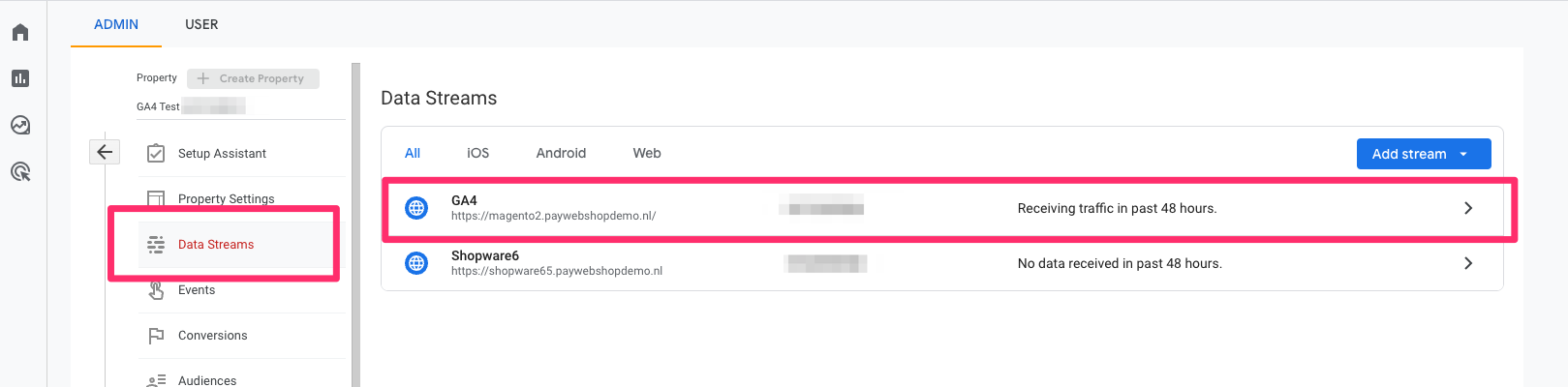 Select the data stream you wish to configure, or add a new one
