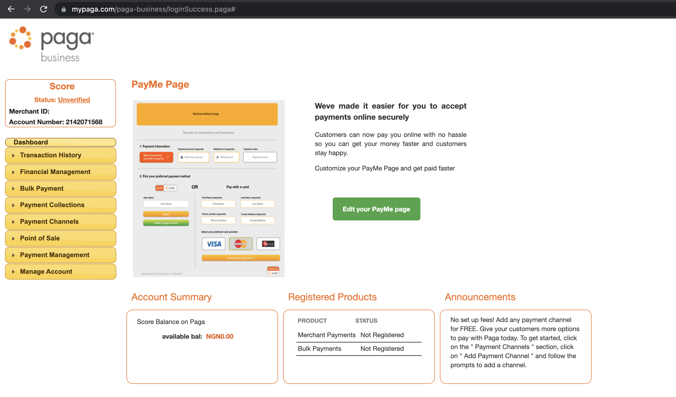 Image 2. 
This dashboard gives you everything you need to manage Paga PaaS offerings.