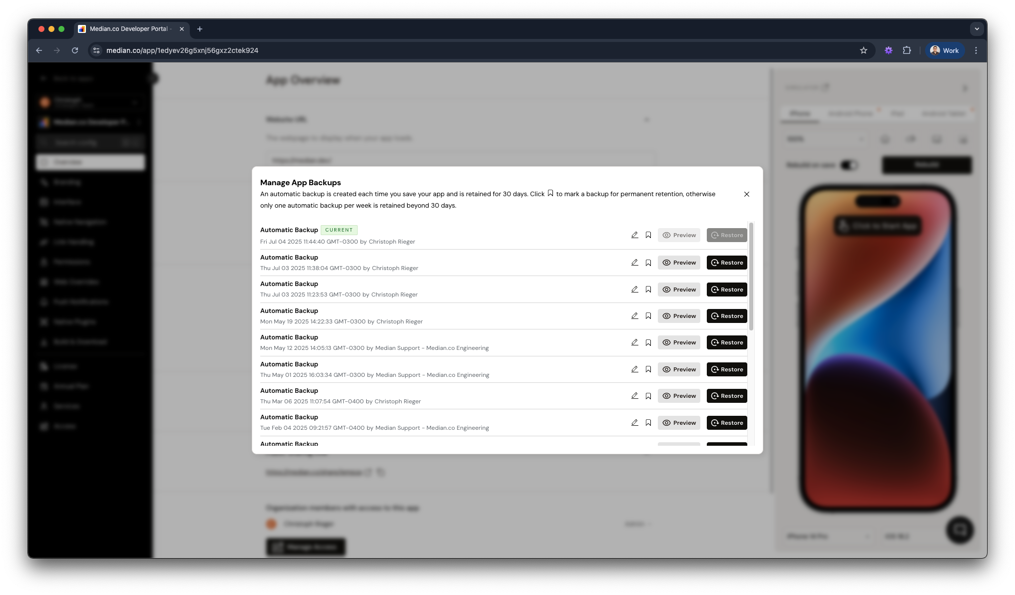 Manage App Backup Panel