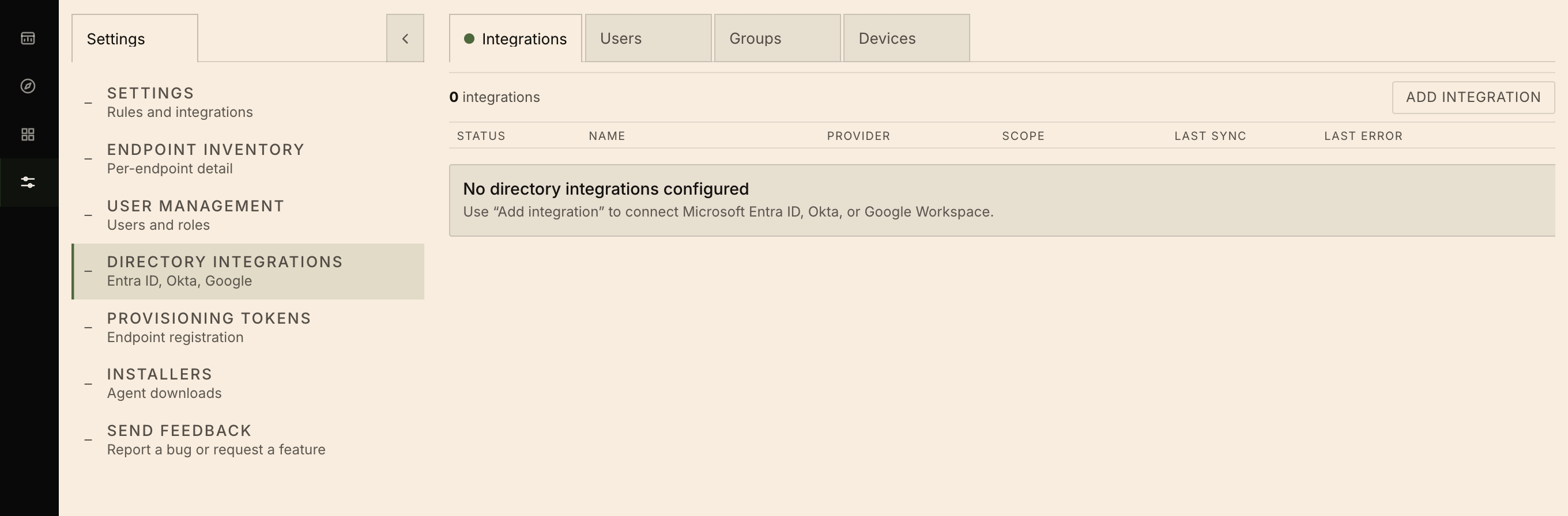 The Directory Integrations page on the Integrations tab with no integrations configured yet and the Add Integration button in the top right.