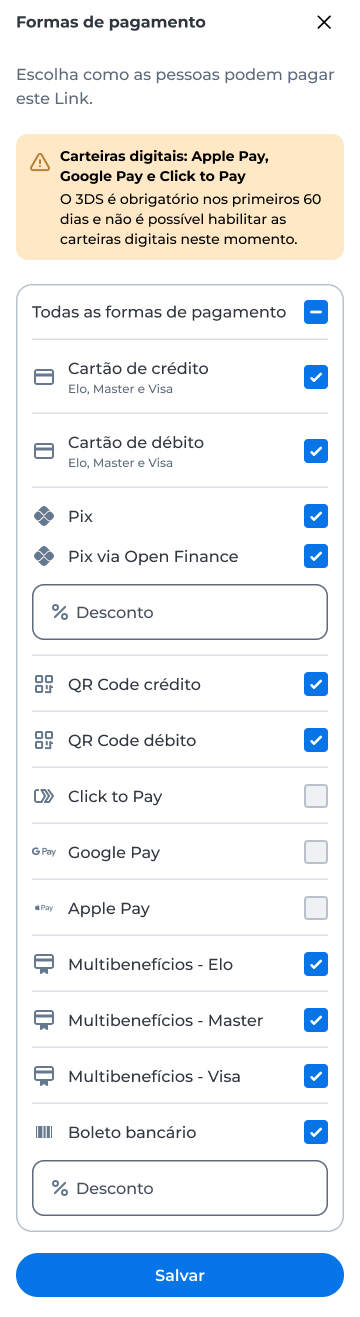 Configuração das formas de pagamento disponíveis para o link