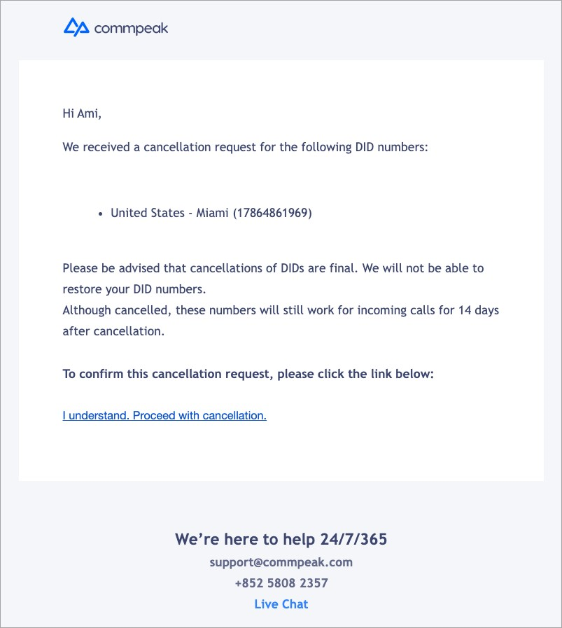 Screenshot of the DID cancellation confirmation email