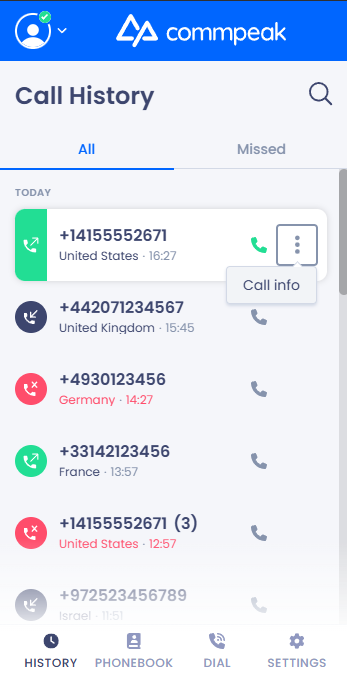 Screenshot of the Call info button