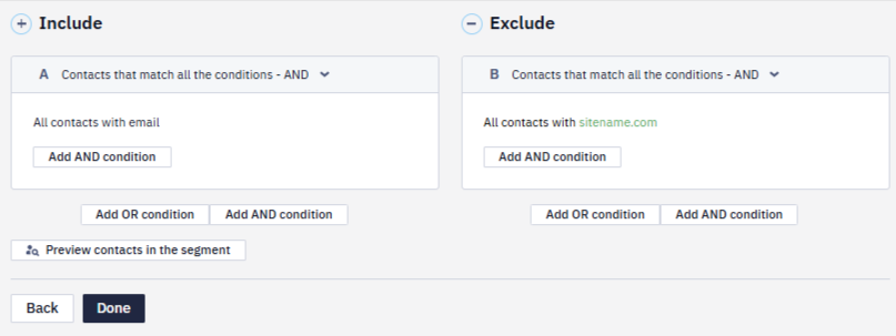 Dynamic segment with Include and Exclude conditions configured