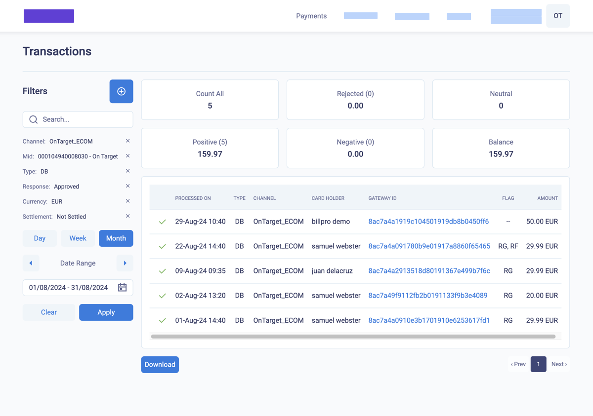 The filtered transactions list