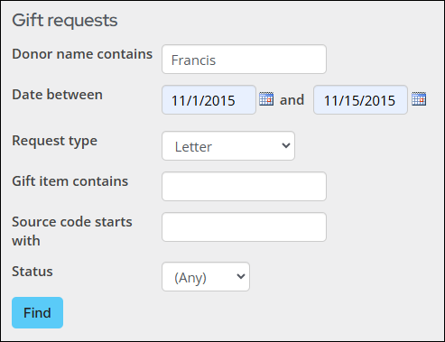 Search options for finding a gift request