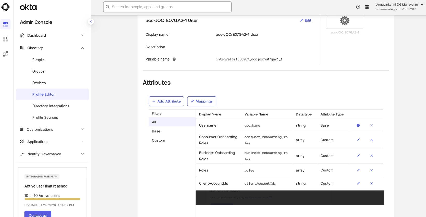 Okta application profile Attributes list showing the configured clientScoped and clientAccountIds attributes