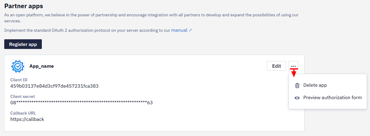 Partner apps page with the options menu open showing Delete app and Preview authorization form for a registered app