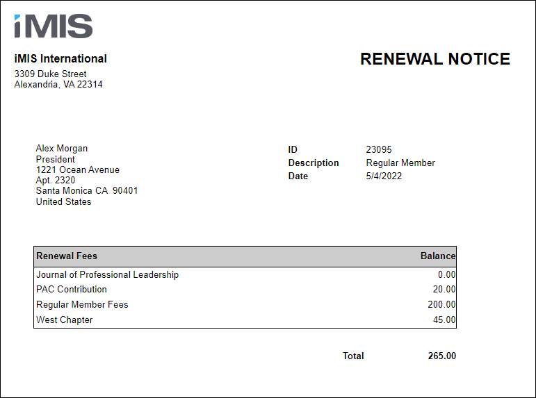 Viewing the Renewal Notice Attachment report example