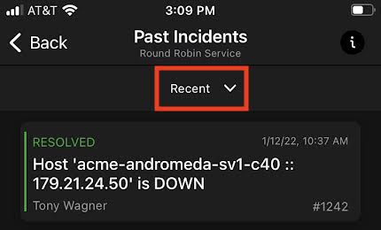 A screenshot of the PagerDuty mobile app showing where to tap "Recent"