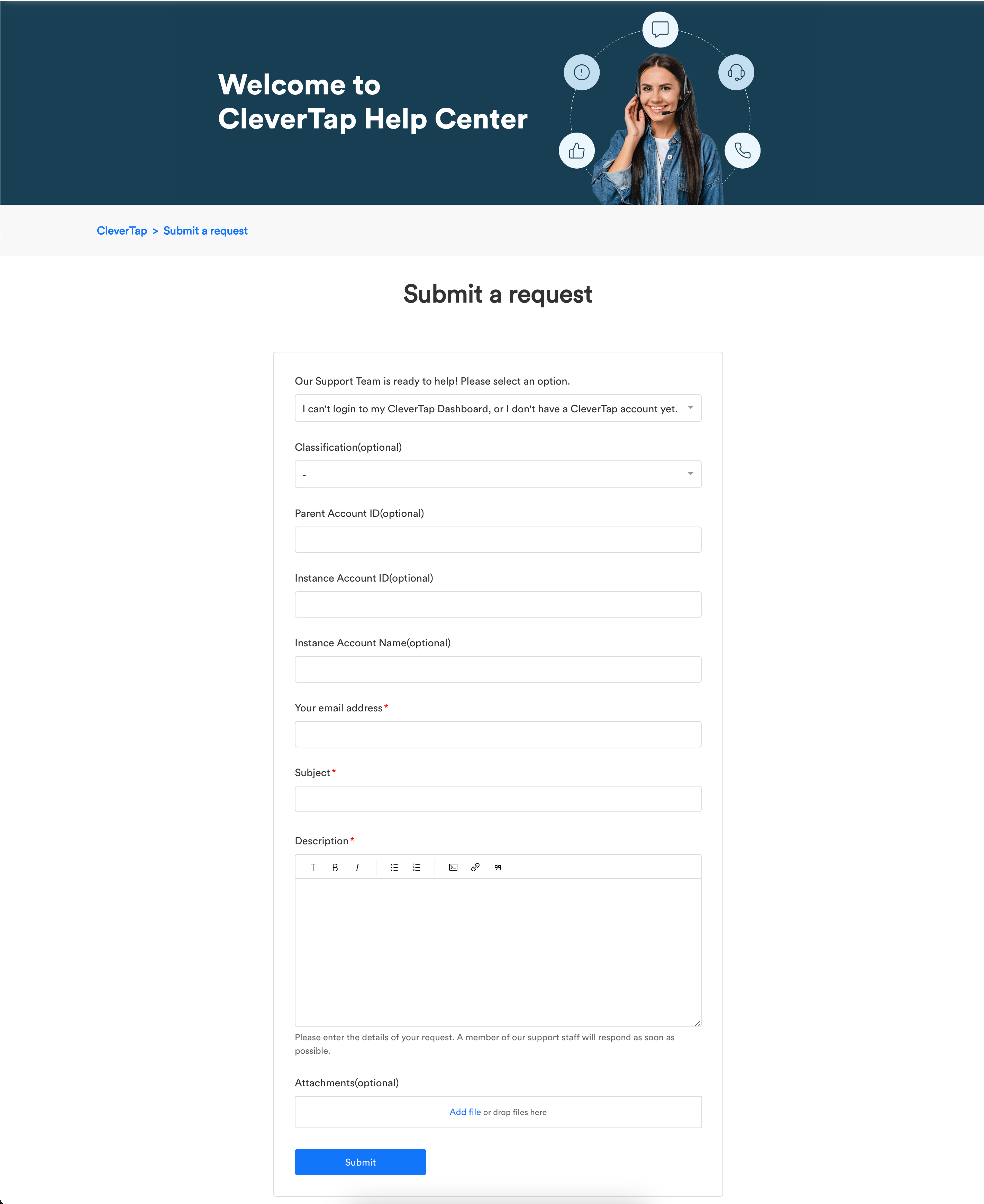 Submit a Support Request from the Help Center