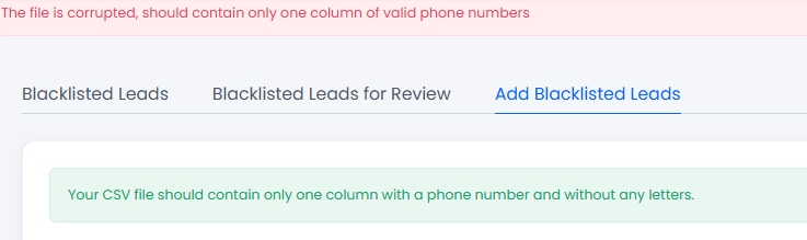 Screenshot of the warning when adding a CSV file in the wrong format