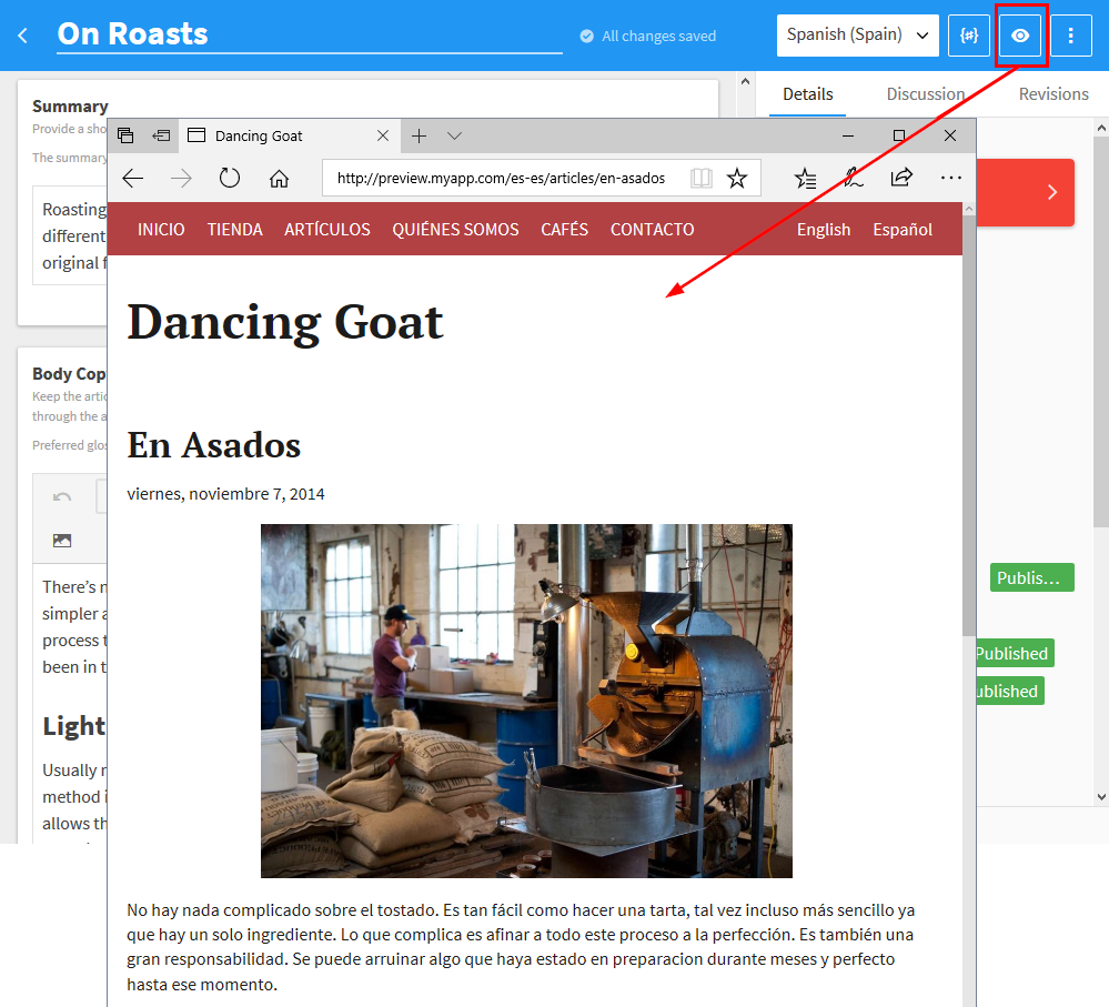 Clicking the preview button (:fa-eye:) in content editing interface opens the address specified in the preview URL.